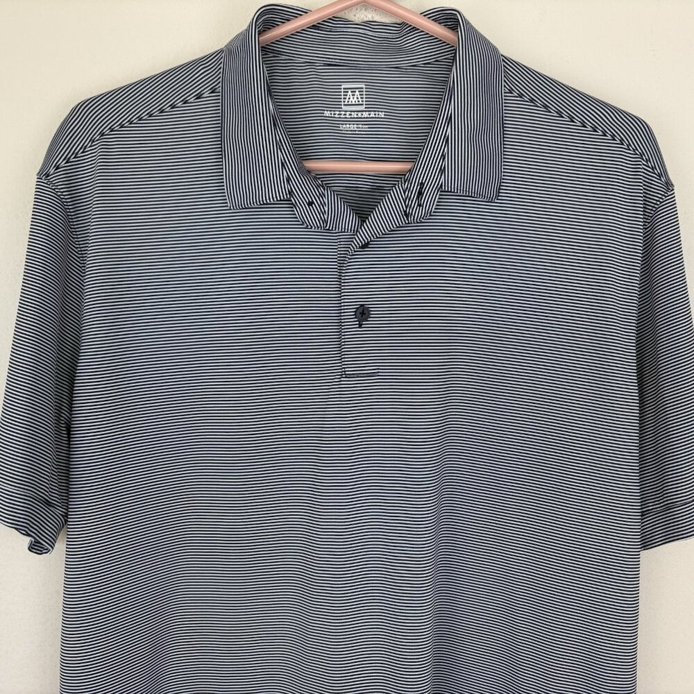 Mizzen Main Versa Polo Shirt Mens Large Trim Navy White Micro Stripe Stretch - Picture 3 of 7